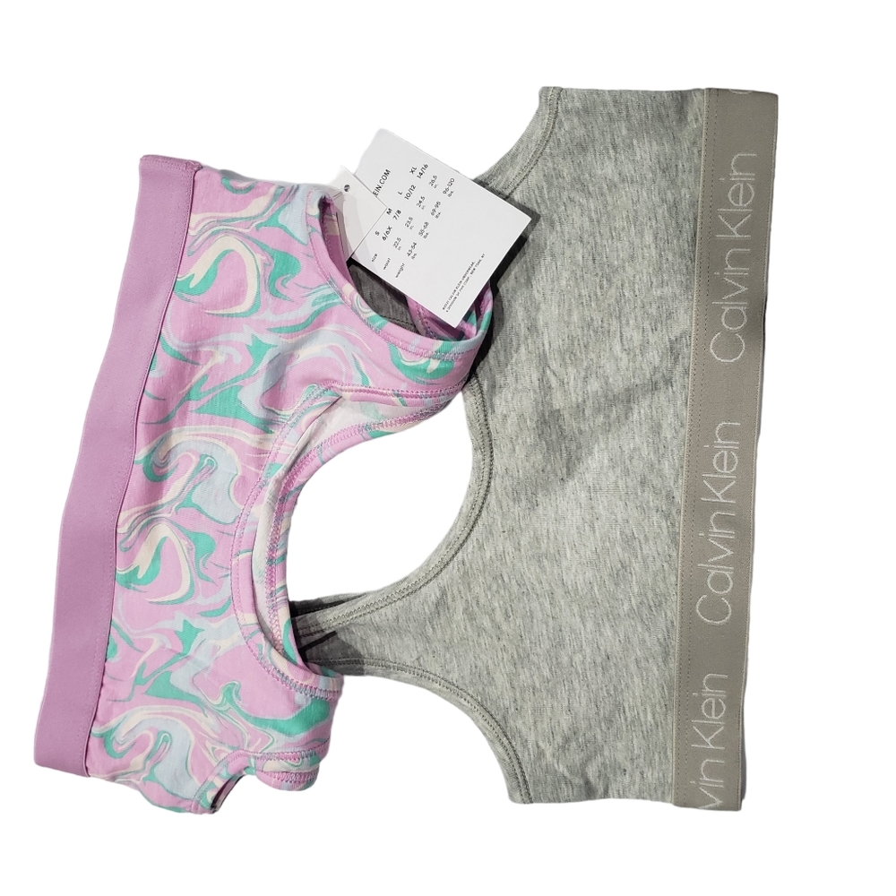 Calvin Klein Monogram Bralette 2 Pack Girls Size 7-8 Med Violet Paisley & Gray
